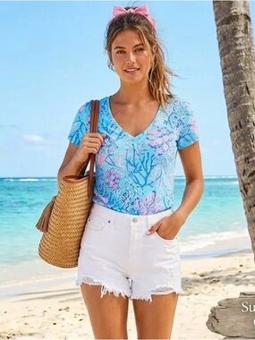 Lilly Pulitzer Seafoam Floral V-Neck Tee with Pink Accents